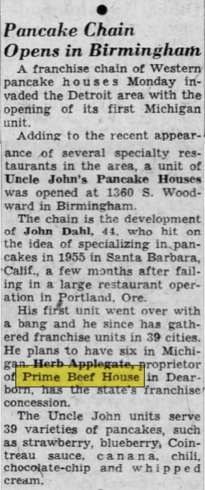 Prime Beef House - July 1961 Article On Uncle Johns Pancakes (newer photo)